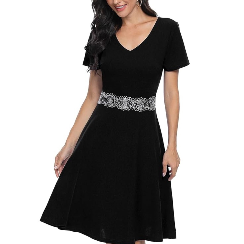 V-Neck Black Midi Dress with Silver Embellished Waist